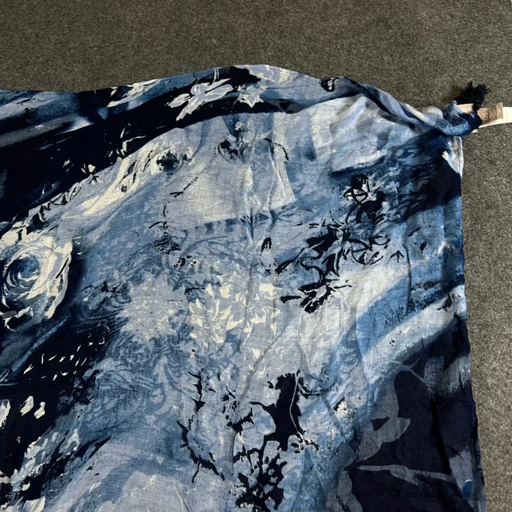 Chico's Blue Floral Abstract Square Scarf Tassel Trim 100% Viscose OS